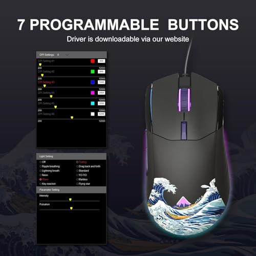 G705 USB-Gaming-Maus leichte, geräuscharme Maus mit RGB-Hintergrundbeleuchtung, Einstellbarer Auflösung von 12000DPI/7 und 7 programmierbaren Seitentasten, Schwarzes Kanagawa-Design Bild 5