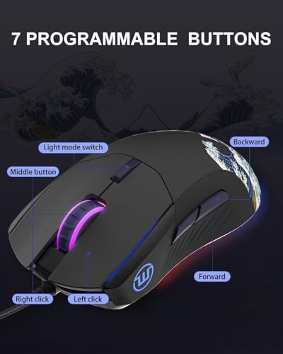 G705 USB-Gaming-Maus leichte, geräuscharme Maus mit RGB-Hintergrundbeleuchtung, Einstellbarer Auflösung von 12000DPI/7 und 7 programmierbaren Seitentasten, Schwarzes Kanagawa-Design Bild 6