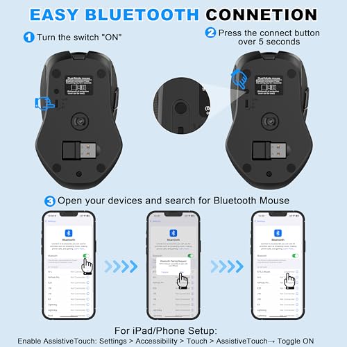 Ergonomische Maus Kabellos für Laptop/PC/MacBook/iPad, 2.4GHz & Bluetooth Büro Stumme Funkmaus, 1600 DPI Optical Tracking Für Links und Rechtshänder (Schwarz, Silent Kabellose Maus) Bild 3