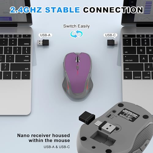 Ergonomische Maus Kabellos für Laptop/PC/MacBook/iPad, 2.4GHz & Bluetooth Büro Stumme Funkmaus, 1600 DPI Optical Tracking Für Links und Rechtshänder (Violett, Silent Kabellose Maus) Bild 4