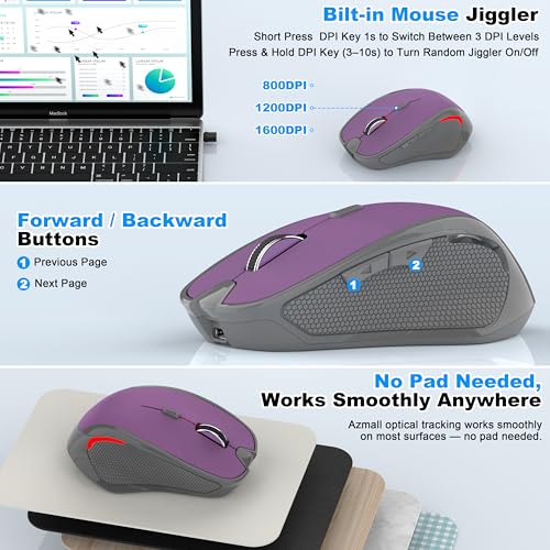 Ergonomische Maus Kabellos für Laptop/PC/MacBook/iPad, 2.4GHz & Bluetooth Büro Stumme Funkmaus, 1600 DPI Optical Tracking Für Links und Rechtshänder (Violett, Silent Kabellose Maus) Bild 5