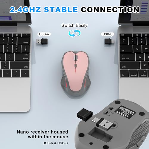 Ergonomische Maus Kabellos für Laptop/PC/MacBook/iPad, 2.4GHz & Bluetooth Büro Stumme Funkmaus, 1600 DPI Optical Tracking Für Links und Rechtshänder (Hellrosa, Silent Kabellose Maus) Bild 4