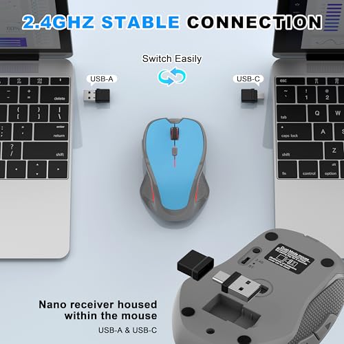 Ergonomische Maus Kabellos für Laptop/PC/MacBook/iPad, 2.4GHz & Bluetooth Büro Stumme Funkmaus, 1600 DPI Optical Tracking Für Links und Rechtshänder (Himmelblau, Silent Kabellose Maus) Bild 4