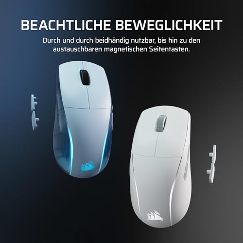 Corsair M75 Wireless RGB Leichte Beidhändig Nutzbare FPS-Gaming-Maus – 26.000 DPI, Austauschbare Seitentasten, 105-Stunden-Akku – Mac, iPad, PC – Frostweiß Bild 5
