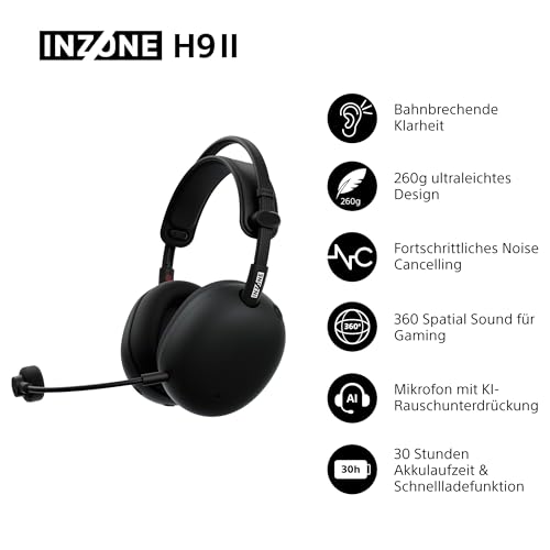 Sony INZONE H9 II kabelloses Gaming-Headset mit Noise Cancelling – mit Fnatic entwickelt, 360 Spatial Sound, Mikrofon mit KI-Rauschunterdrückung, 30h Akku, BT/LE/2,4 GHz/Kabel, PC – Schwarz Bild 2