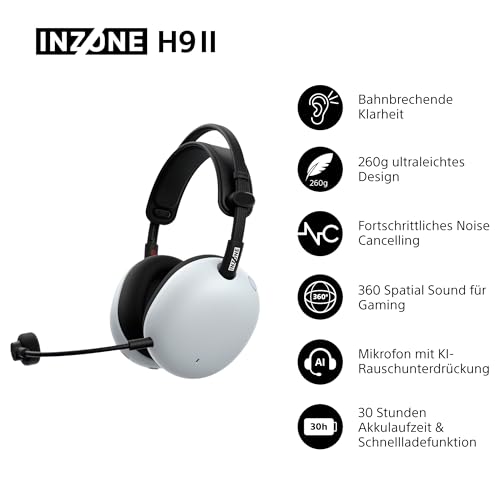 Sony INZONE H9 II kabelloses Gaming-Headset mit Noise Cancelling – mit Fnatic entwickelt, 360 Spatial Sound, Mikrofon mit KI-Rauschunterdrückung, 30h Akku, BT/LE/2,4 GHz/Kabel, PC – Weiß Bild 2