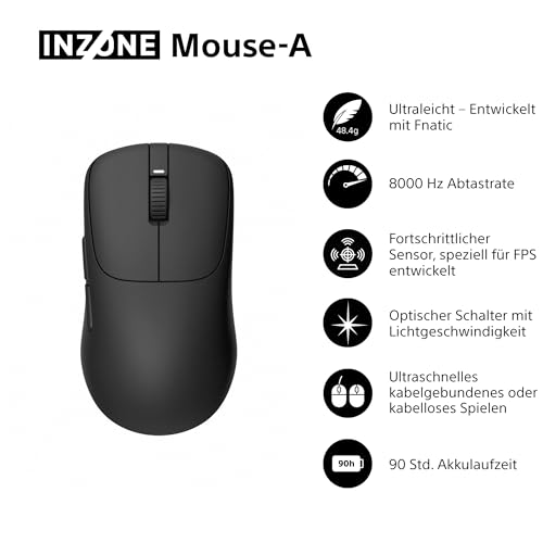 Sony INZONE Mouse-A Kabellose Gaming-Maus - Ultraleicht 48,4g, 8000Hz Polling, 30K DPI PixArt Sensor, Optische Schalter, 90 Std. Akkulaufzeit, USB-C, Fnatic Co-Designed - PC FPS Esports - Schwarz Bild 2