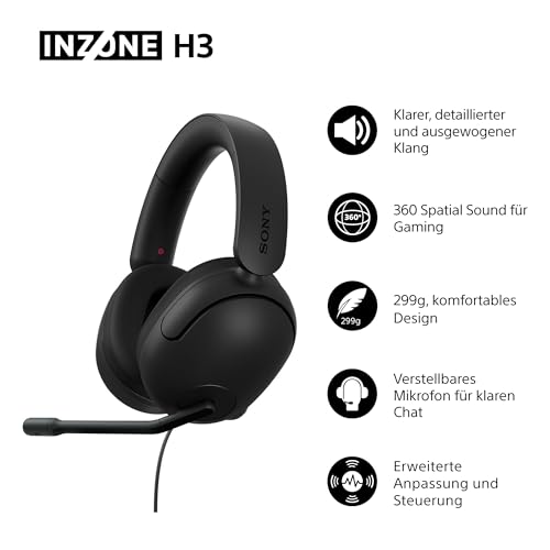 Sony INZONE H3 Kabelgebundenes Gaming-Headset – PC/PS5, 360 Spatial Sound für Gaming, leichtes Design (299g), Mikrofon per klick stummschalten, USB-Audiobox für EQ-Einstellungen – Schwarz Bild 2