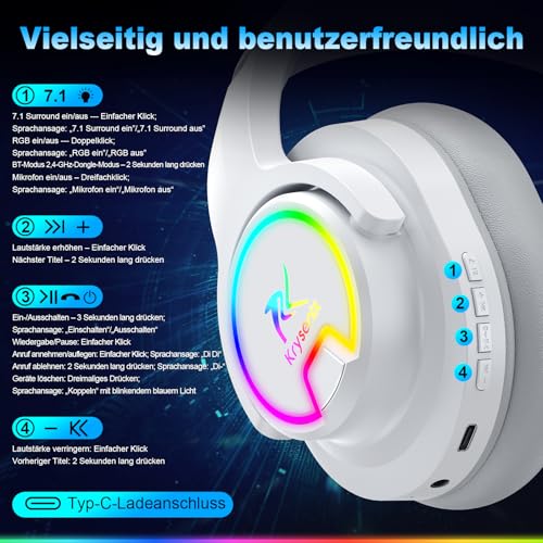 Krysenix PG3 Gaming Headset Wireless für PS4, PS5, PC, Mac, Switch, 48H 2.4GHz Gaming Headset mit Noise Cancelling Mikrofon, Kabelloses Bluetooth Headset mit LED-Lichtern, Surround Sound Bild 6