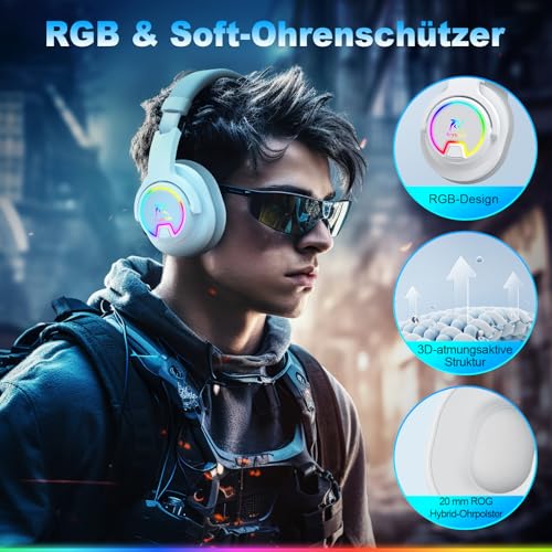 Krysenix PG3 Gaming Headset Wireless für PS4, PS5, PC, Mac, Switch, 48H 2.4GHz Gaming Headset mit Noise Cancelling Mikrofon, Kabelloses Bluetooth Headset mit LED-Lichtern, Surround Sound Bild 7