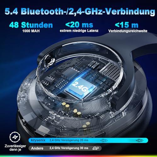Krysenix PG3 Gaming Headset Wireless für PS4, PS5, PC, Mac, Switch, 48H 2.4GHz Gaming Headset mit Noise Cancelling Mikrofon, Kabelloses Bluetooth Headset mit LED-Lichtern, Surround Sound Bild 4