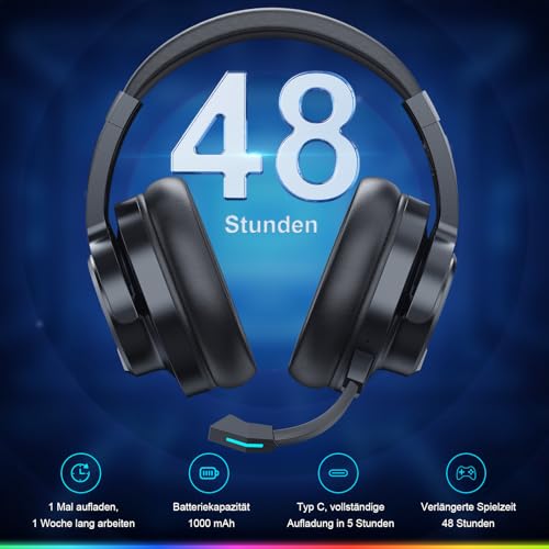 Krysenix PG3 Gaming Headset Wireless für PS4, PS5, PC, Mac, Switch, 48H 2.4GHz Gaming Headset mit Noise Cancelling Mikrofon, Kabelloses Bluetooth Headset mit LED-Lichtern, Surround Sound Bild 5