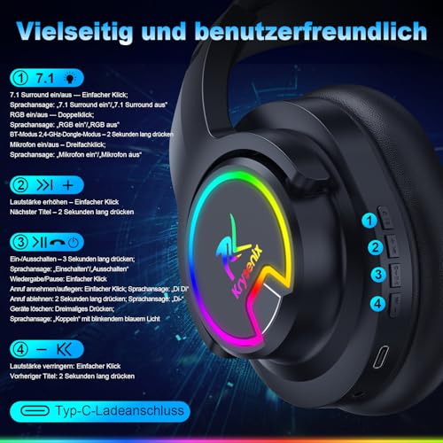 Krysenix PG3 Gaming Headset Wireless für PS4, PS5, PC, Mac, Switch, 48H 2.4GHz Gaming Headset mit Noise Cancelling Mikrofon, Kabelloses Bluetooth Headset mit LED-Lichtern, Surround Sound Bild 6
