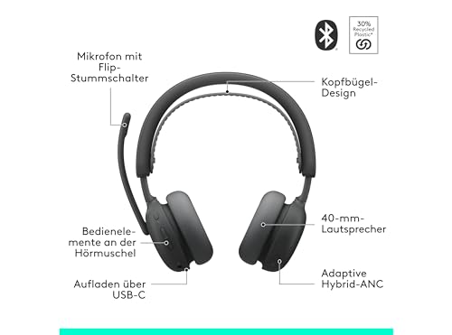 Logitech Zone Wireless 2 ES – kabelloses Headset mit Geräuschunterdrückung, adaptiver Hybrid-ANC, Bluetooth, Grafit Bild 6