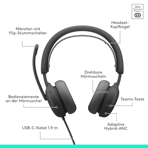 Logitech Zone Wireless 2 ES for Business – kabelloses Headset mit Geräuschunterdrückung, adaptivem Hybrid ANC, nativem Bluetooth, Microsoft Teams-Zertifiziert – Grafit Bild 6