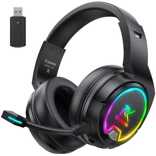 Krysenix PG4 2.4GHz Gaming Headset Wireless für PS4, PS5, PC, Mac, Switch, 48H Gaming Headset mit Noise Cancelling Mikrofon, Kabelloses Bluetooth Headset mit LED-Lichtern, Surround Sound, Rußschwarz Bild 1