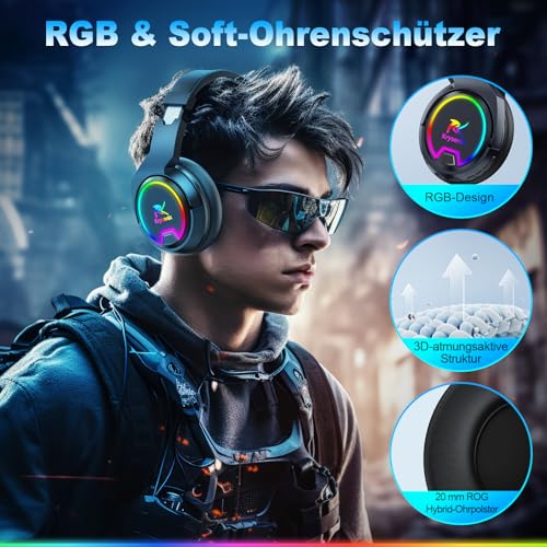 Krysenix PG4 2.4GHz Gaming Headset Wireless für PS4, PS5, PC, Mac, Switch, 48H Gaming Headset mit Noise Cancelling Mikrofon, Kabelloses Bluetooth Headset mit LED-Lichtern, Surround Sound, Rußschwarz Bild 6