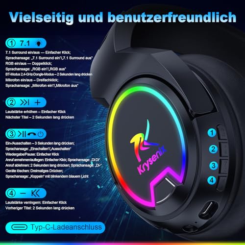 Krysenix PG4 2.4GHz Gaming Headset Wireless für PS4, PS5, PC, Mac, Switch, 48H Gaming Headset mit Noise Cancelling Mikrofon, Kabelloses Bluetooth Headset mit LED-Lichtern, Surround Sound, Rußschwarz Bild 7