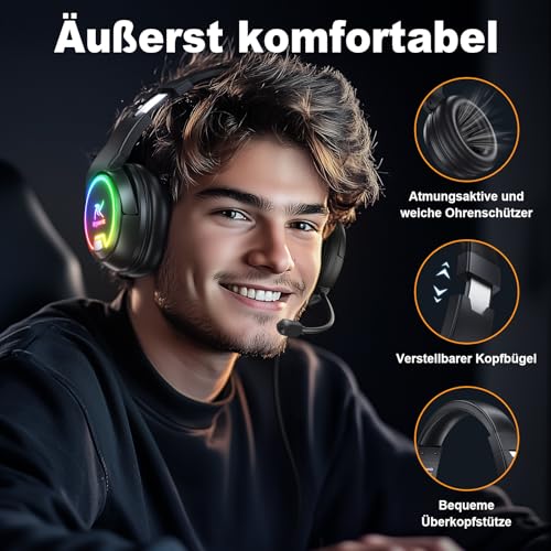 Krysenix PG4 Wired Gaming Headset für PS4, PS5, PC, Xbox, Switch, Gaming Kopfhörer mit Noise Cancelling Mikrofon, 3.5mm Klinke, Surround Sound, Headset mit LED Licht, Tintenschwarz Bild 4