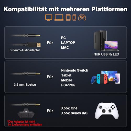 Krysenix PG4 Wired Gaming Headset für PS4, PS5, PC, Xbox, Switch, Gaming Kopfhörer mit Noise Cancelling Mikrofon, 3.5mm Klinke, Surround Sound, Headset mit LED Licht, Tintenschwarz Bild 6