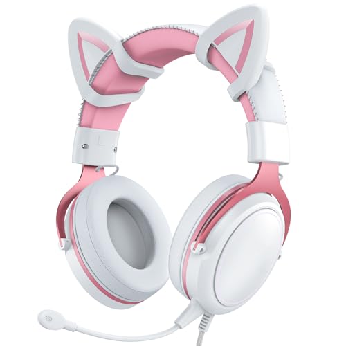 Denash Katzenohr -Kopfhörer, Verkabeltes RGB -Gaming -Headset mit Mikrofon, Leuchtende Geräuschreduktion über Ohr -süße Kopfhörer für Spieler (Weißrosa mit Katzenohren Dekor) Bild 1