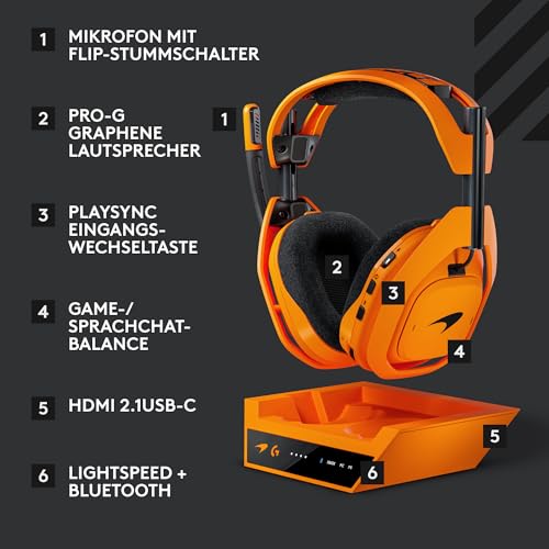 Logitech G Astro A50 X Lightspeed kabelloses Gaming-Headset McLaren Edition + Basisstation, PRO-G Graphene, PLAYSYNC für Xbox Series X|S + PS5 + PC/Mac, Bluetooth, HDMI 2.1 Passthru - Papaya Bild 6