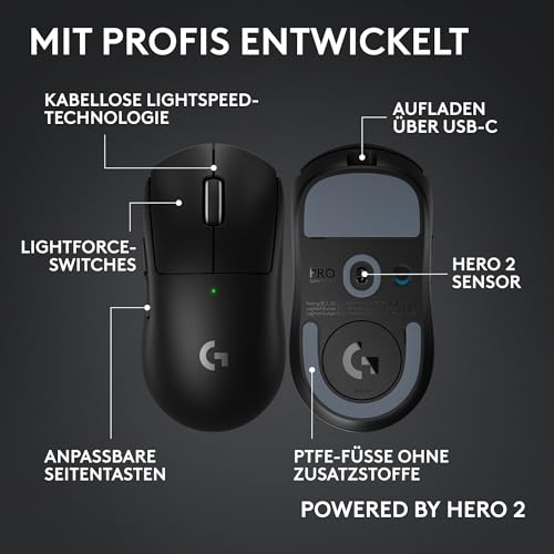 Logitech G PRO X Superlight 2c kabellose Gaming-Maus, 60 g Pro-Grade-Maus mit 5 programmierbaren Tasten, 44K-DPI-Sensor, 8.000 Hz Signalrate, USB-C-Ladefunktion für PC/Mac - Schwarz Bild 6
