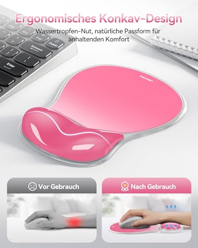 TECKNET Mauspad mit Gel-Handgelenkauflage, Ergonomische Tropfenförmige Vertiefung, Passt & Weich, Wasserdicht, Rutschfest, TPU-Gewebe, Glatte Mausgleitfähigkeit für Büro, Gaming und Zuhause-Dunkelrosa Bild 2