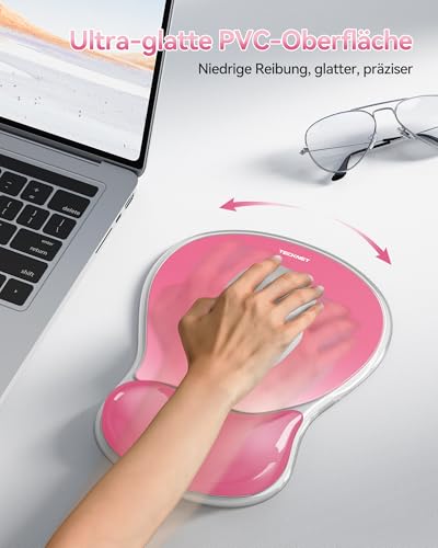 TECKNET Mauspad mit Gel-Handgelenkauflage, Ergonomische Tropfenförmige Vertiefung, Passt & Weich, Wasserdicht, Rutschfest, TPU-Gewebe, Glatte Mausgleitfähigkeit für Büro, Gaming und Zuhause-Dunkelrosa Bild 4