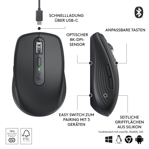 Logitech MX Anywhere 3S Compact Kabellose Maus + Flip Folio, Tastatur-Case für iPad Pro 11 Zoll (M4) und iPad Air 11 Zoll (M2 und M3) (5. Gen - 2024), DEU QWERTZ-Layout – Grafit Bild 6