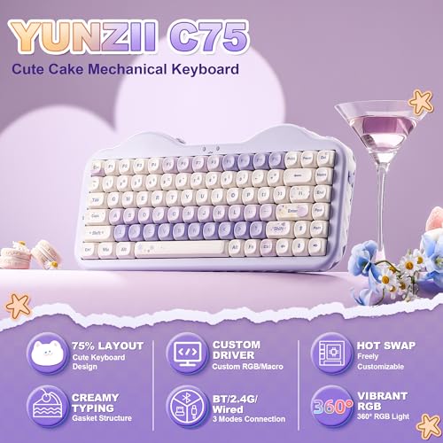 YUNZII C75 75% RGB Kabelloses Mechanisch Gaming Tastatur, BT5.0/2.4G/USB-C Creamy Tastatur Hot Swap NKRO,Niedliche Tastenkappen Gasket Mount mit Süße Kuchen für PC/Mac/Gaming (Lila, Candy Switch) Bild 2