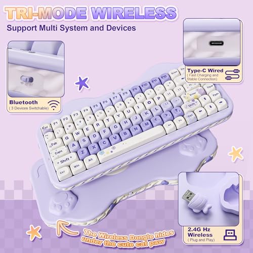 YUNZII C75 75% RGB Kabelloses Mechanisch Gaming Tastatur, BT5.0/2.4G/USB-C Creamy Tastatur Hot Swap NKRO,Niedliche Tastenkappen Gasket Mount mit Süße Kuchen für PC/Mac/Gaming (Lila, Candy Switch) Bild 3