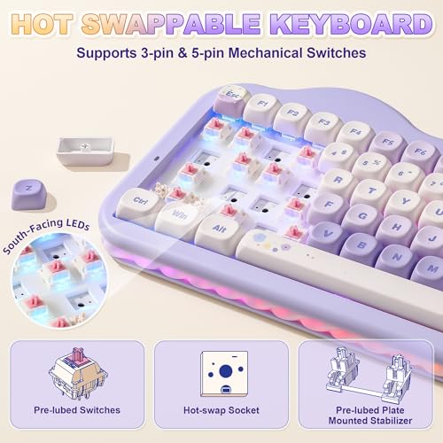 YUNZII C75 75% RGB Kabelloses Mechanisch Gaming Tastatur, BT5.0/2.4G/USB-C Creamy Tastatur Hot Swap NKRO,Niedliche Tastenkappen Gasket Mount mit Süße Kuchen für PC/Mac/Gaming (Lila, Candy Switch) Bild 5