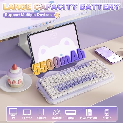 YUNZII C75 75% RGB Kabelloses Mechanisch Gaming Tastatur, BT5.0/2.4G/USB-C Creamy Tastatur Hot Swap NKRO,Niedliche Tastenkappen Gasket Mount mit Süße Kuchen für PC/Mac/Gaming (Lila, Candy Switch) Bild 6