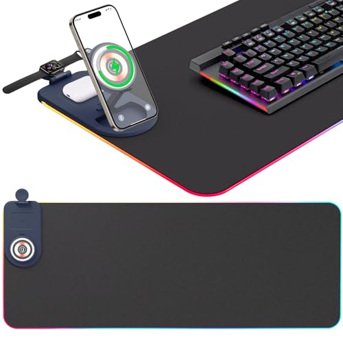 2025 Upgrade Gaming Mauspad RGB, 800 * 300 * 4mm LED Wireless Charging Mouse, 15W Kabelloser Schnellladung,15 Farben LED-Licht, Mousepad für Ql Wireless Standard Handys/Mäuse/Uhren Bild 1