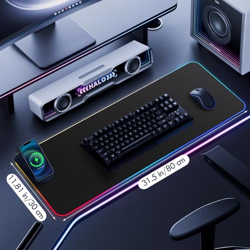 2025 Upgrade Gaming Mauspad RGB, 800 * 300 * 4mm LED Wireless Charging Mouse, 15W Kabelloser Schnellladung,15 Farben LED-Licht, Mousepad für Ql Wireless Standard Handys/Mäuse/Uhren Bild 6