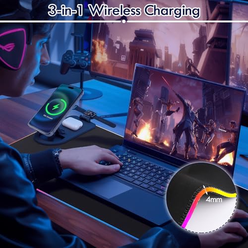2025 Upgrade Gaming Mauspad RGB, 800 * 300 * 4mm LED Wireless Charging Mouse, 15W Kabelloser Schnellladung,15 Farben LED-Licht, Mousepad für Ql Wireless Standard Handys/Mäuse/Uhren Bild 7