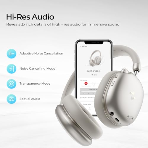 havit Space S1 Adaptive Active Noise Cancelling Kopfhörer, LHDC Bluetooth 6.0 Hi-Res Wireless Over Ear Bluetooth Kopfhörer mit 5 Mic ENC, 100H Spielzeit, Overhead Kopfhörer mit räumlichem Audio Bild 7