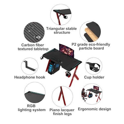 Gaming Tisch mit RGB-Beleuchtung, Computertisch mit Carbonfaser-Oberfläche, Metallrahmen, Getränkehalter, Headset-Halterung, PC-Tisch fürs Homeoffice(39.3in/100cm) Bild 5
