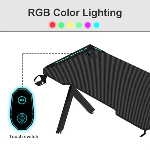 Gaming Tisch mit RGB-Beleuchtung, Computertisch mit Carbonfaser-Oberfläche, Metallrahmen, Getränkehalter, Headset-Halterung, PC-Tisch fürs Homeoffice(39.3in/100cm) Bild 6