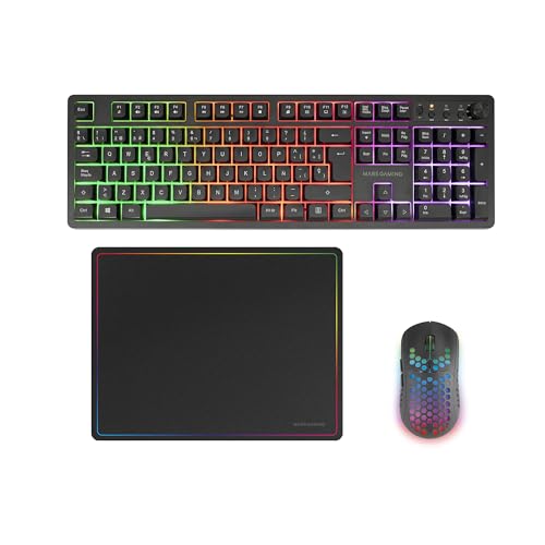 Mars Gaming MCPWX, Spanisch, Kabelloses Gaming-Combo, DualPro Link 2.4GPRO-Technologie, Vollformat-FRGB-Tastatur mit Multimedia-Steuerung + RGB 3200DPI Maus + rutschfeste 360x260mm-Mausmatte, Schwarz Bild 1