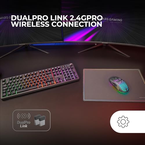 Mars Gaming MCPWX, Spanisch, Kabelloses Gaming-Combo, DualPro Link 2.4GPRO-Technologie, Vollformat-FRGB-Tastatur mit Multimedia-Steuerung + RGB 3200DPI Maus + rutschfeste 360x260mm-Mausmatte, Schwarz Bild 2
