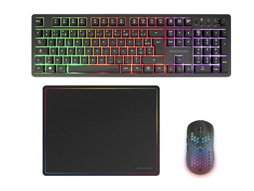 Mars Gaming MCPWX, Französisch, Kabelloses Gaming-Combo, DualPro Link 2.4GPRO-Technologie, Vollformat-FRGB-Tastatur mit Multimedia-Steuerung + RGB 3200DPI Maus + Rutschfeste 36x26cm-Mausmatte, Schwarz Bild 1