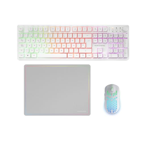 Mars Gaming MCPWX, Italienisch, Kabelloses Gaming-Combo, DualPro Link 2.4GPRO-Technologie, Vollformat-FRGB-Tastatur mit Multimedia-Steuerung + RGB 3200DPI Maus + rutschfeste 360x260mm-Mausmatte, Weiß Bild 1