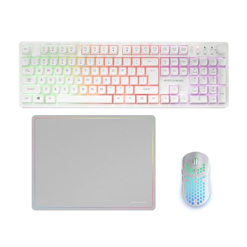 Mars Gaming MCPWX, Englisch US, Kabelloses Gaming-Combo, DualPro Link 2.4GPRO-Technologie, Vollformat-FRGB-Tastatur mit Multimedia-Steuerung + RGB 3200DPI Maus + rutschfeste 360x260mm-Mausmatte, Weiß Bild 1