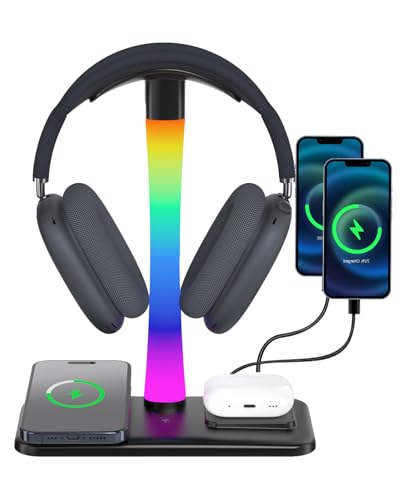 Trongle 3 in 1 RGB Gaming Kopfhörer Ständer mit 15W Wireless Ladegerät, Gaming-Headset-ständer Headset Halterung Wireless Charge Kopfhörer Halter mit 1*USB 2*Typ-C 10 Lighting Effects Modes Schwarz Bild 1