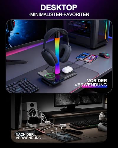 Trongle 3 in 1 RGB Gaming Kopfhörer Ständer mit 15W Wireless Ladegerät, Gaming-Headset-ständer Headset Halterung Wireless Charge Kopfhörer Halter mit 1*USB 2*Typ-C 10 Lighting Effects Modes Schwarz Bild 2