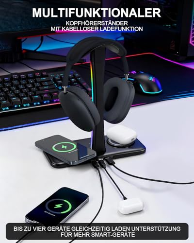 Trongle 3 in 1 RGB Gaming Kopfhörer Ständer mit 15W Wireless Ladegerät, Gaming-Headset-ständer Headset Halterung Wireless Charge Kopfhörer Halter mit 1*USB 2*Typ-C 10 Lighting Effects Modes Schwarz Bild 3