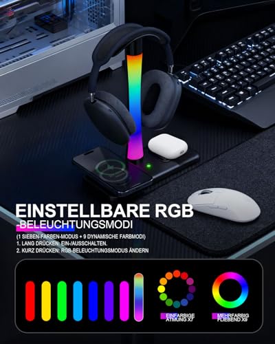 Trongle 3 in 1 RGB Gaming Kopfhörer Ständer mit 15W Wireless Ladegerät, Gaming-Headset-ständer Headset Halterung Wireless Charge Kopfhörer Halter mit 1*USB 2*Typ-C 10 Lighting Effects Modes Schwarz Bild 4
