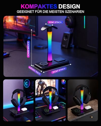 Trongle 3 in 1 RGB Gaming Kopfhörer Ständer mit 15W Wireless Ladegerät, Gaming-Headset-ständer Headset Halterung Wireless Charge Kopfhörer Halter mit 1*USB 2*Typ-C 10 Lighting Effects Modes Schwarz Bild 5